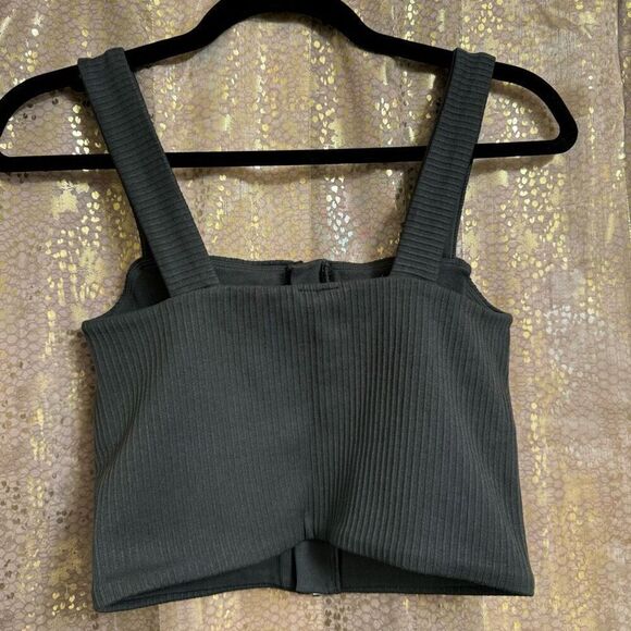 Aerie Dark Gray Ribbed Square Neck Zip Up Cropped Athletic Top Medium - Picture 2 of 4